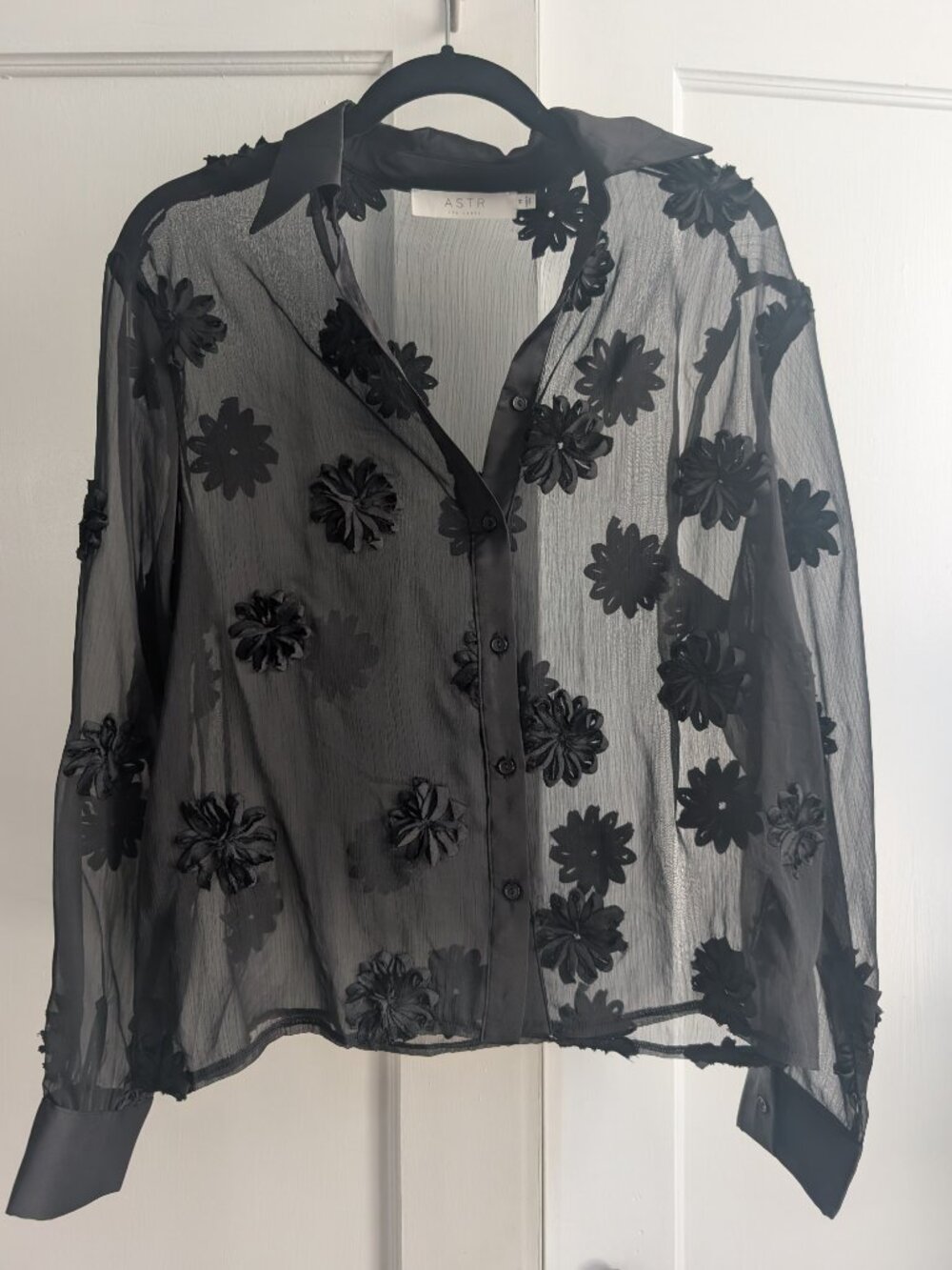 Astr Black Sheer Floral-Appliqué Button Front Blouse